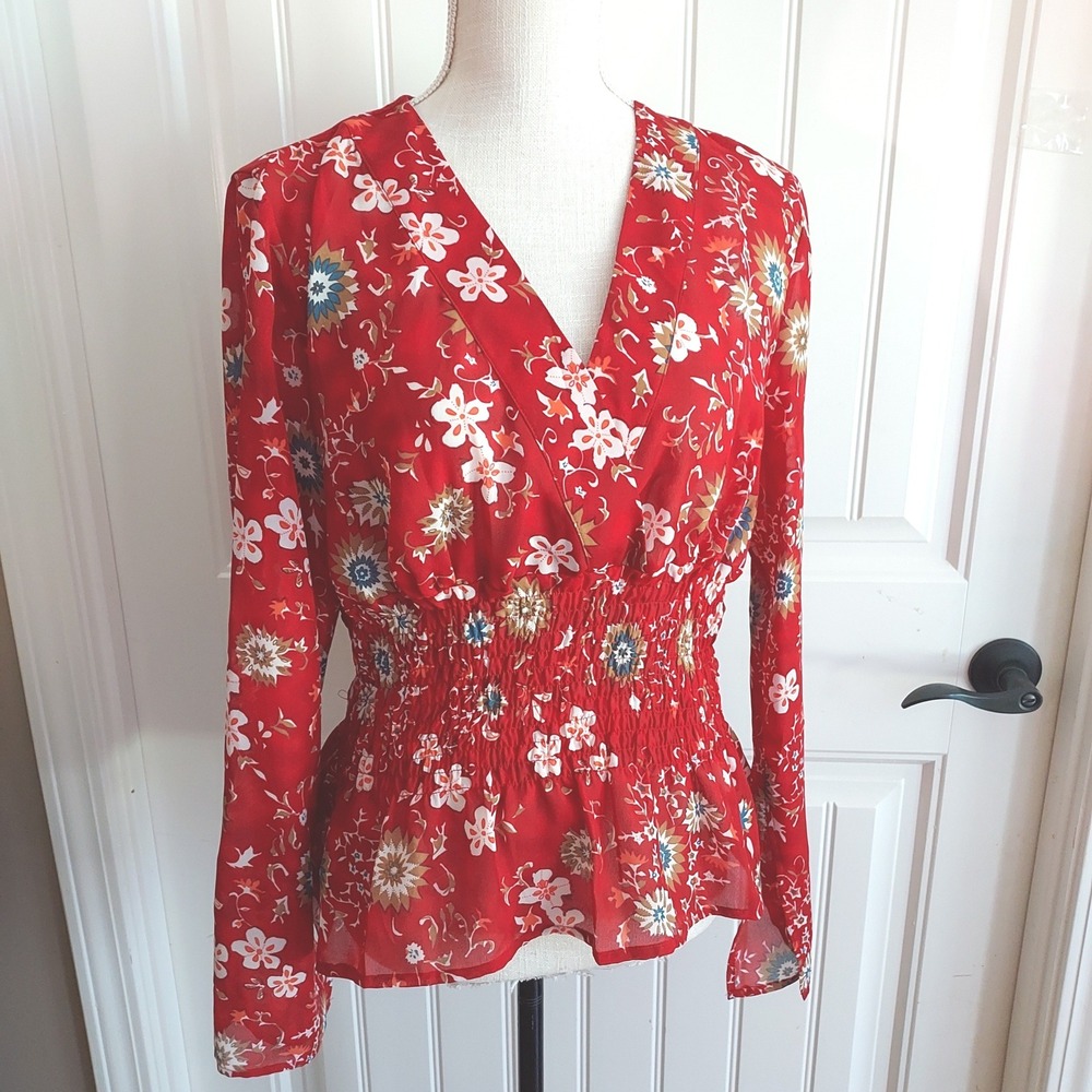 JW Junction West Peplum Top Womens Large Red Floral Smocked V-Neck Long Sleeve